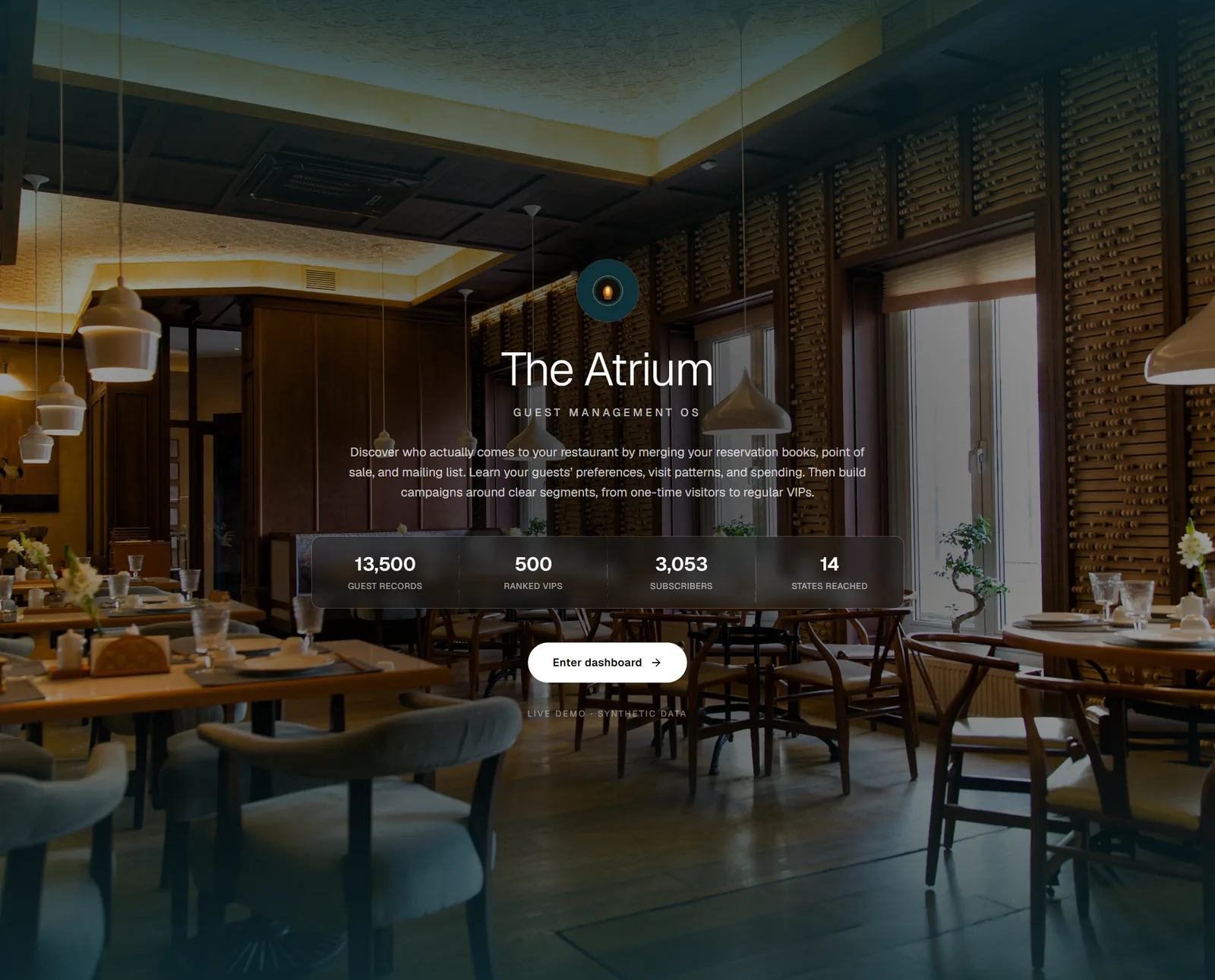The Atrium, a public demo build of the guest-management system, running on synthetic data.