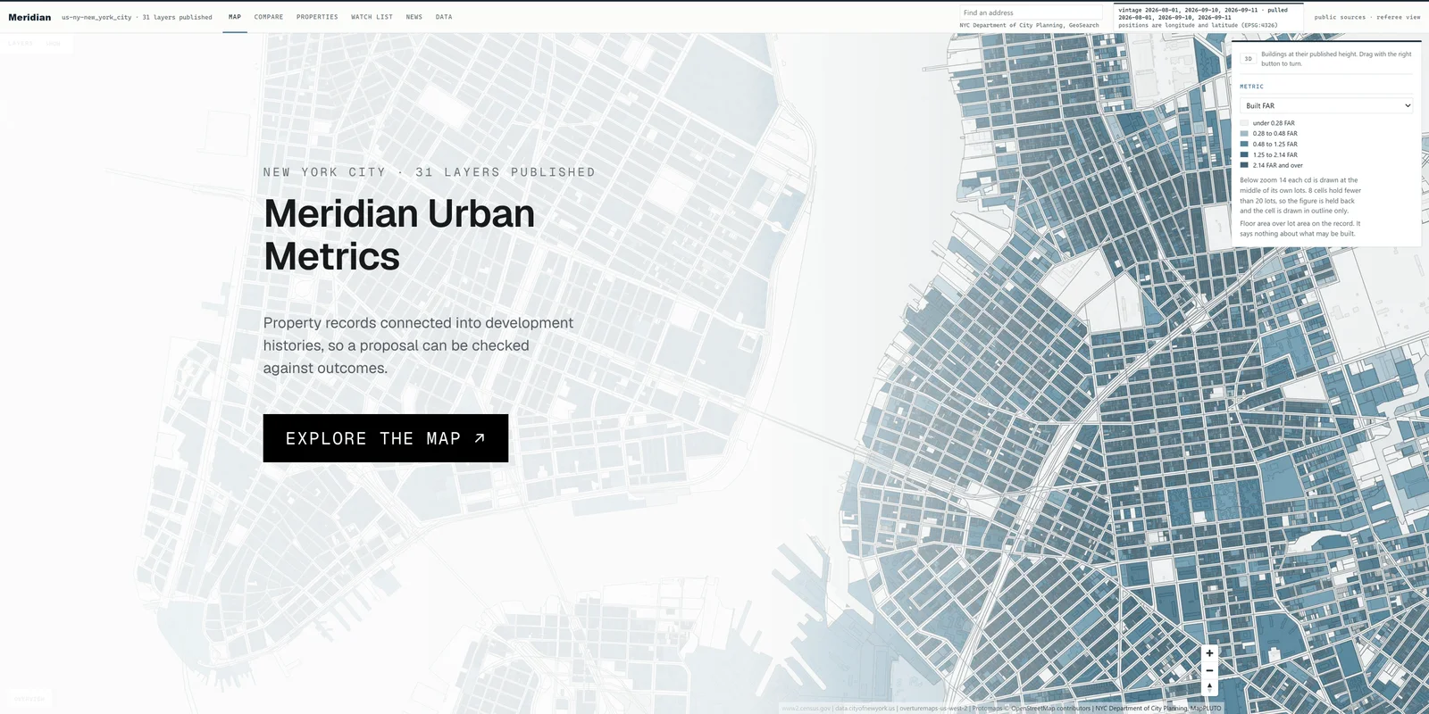 Meridian Urban Metrics map interface: Manhattan building footprints shaded by built floor-area ratio, with the layer legend open